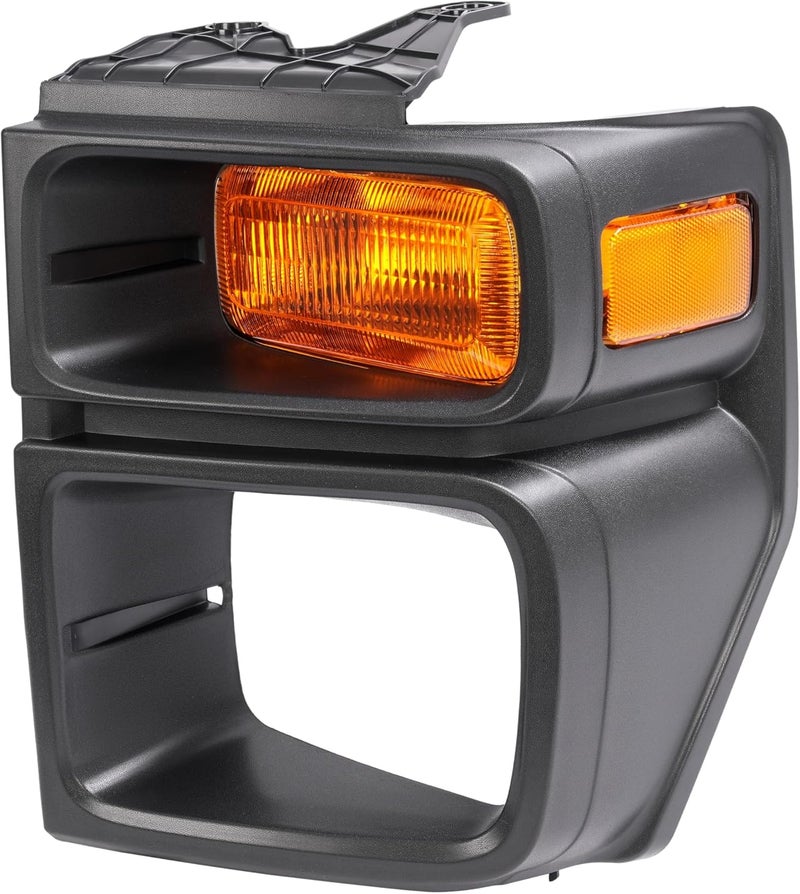 ALMULOO Left Headlight Bezel w/Turn Signal Light Compatible with 2008-2014 Ford E150 E250 2008-2019 Ford E350 Super Duty Replacement for FO2524103 Yellow Lens Black Bezel Left Side - Image 1
